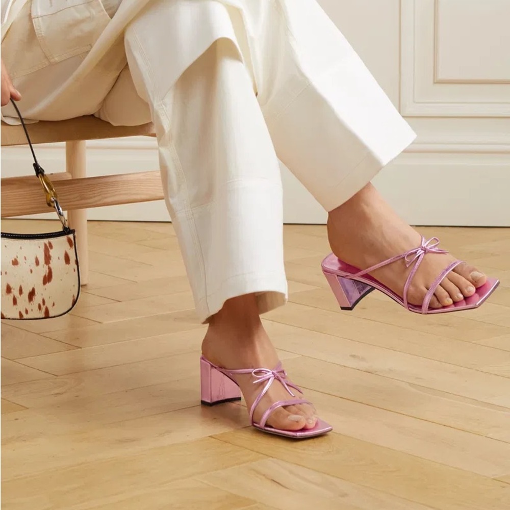 BY FAR June Bow-Detailed Metallic Learher Mules
